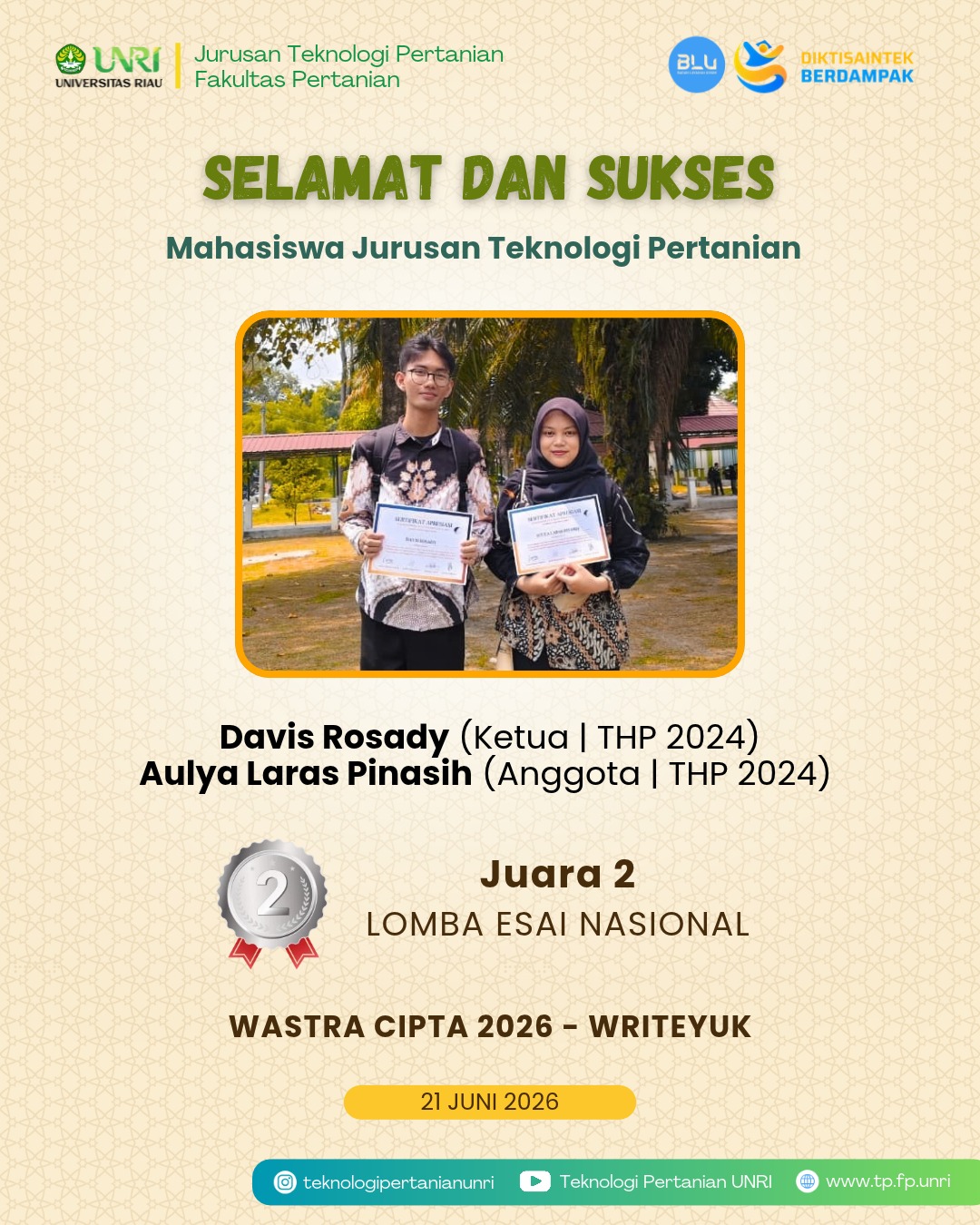 Selamat Mahasiswa TP Raih Prestasi pada Lomba Esai Nasional