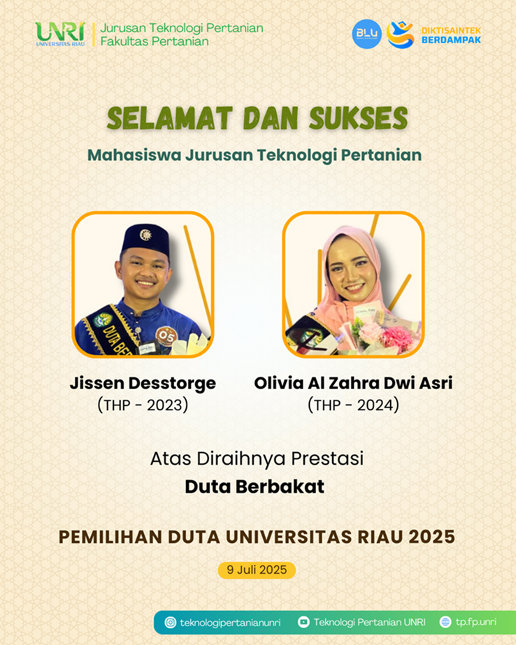 Mahasiswa TP Raih Prestasi Duta Berbakat Pada Pemilihan Duta Universitas Riau 2025