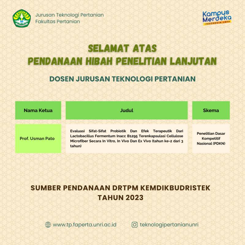Dosen Jurusan Teknologi Pertanian UNRI  Lolos Penelitian Kompetitif Nasional