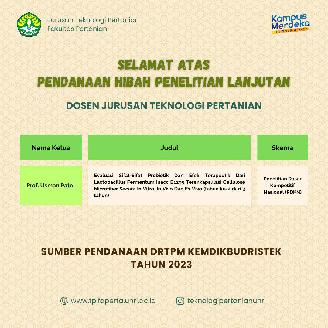 Dosen Jurusan Teknologi Pertanian UNRI  Lolos Penelitian Kompetitif Nasional