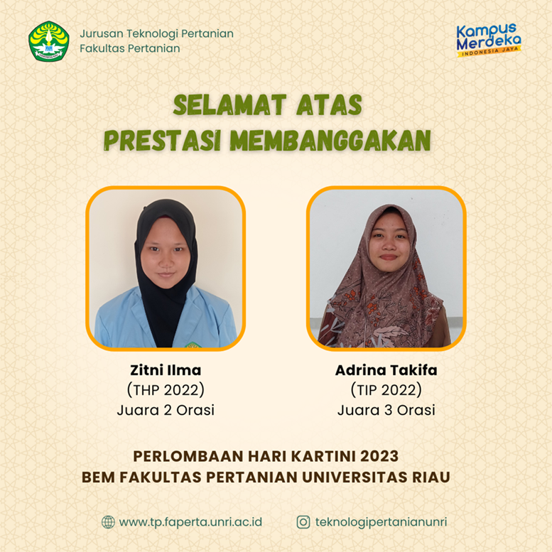 Mahasiswa TP Raih Prestasi Pada Perlombaan Hari Kartini Oleh BEM FAPERTA UNRI 2023