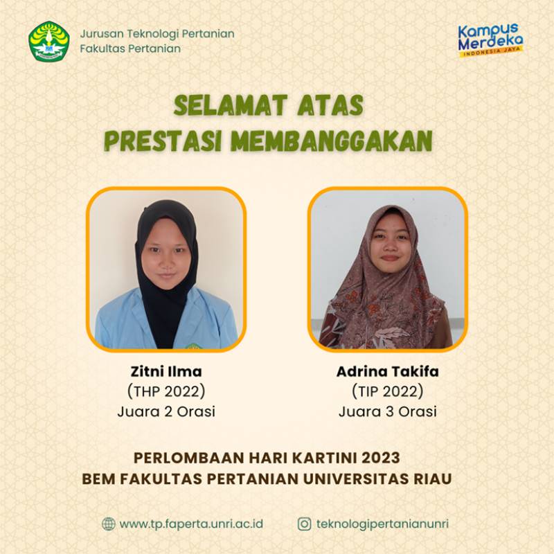 Mahasiswa TP Raih Prestasi Pada Perlombaan Hari Kartini Oleh BEM FAPERTA UNRI 2023