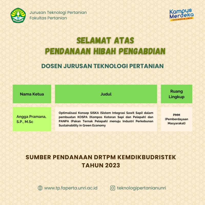 Selamat Dosen Teknologi Pertanian Menerima Hibah Pengabdian Kemdikbudristek 2023