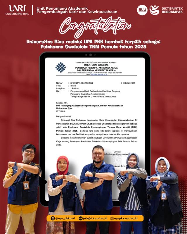 Universitas Riau Kembali Dipercaya Kemnaker RI sebagai Pelaksana Swakelola Program TKM Pemula Tahun 2025