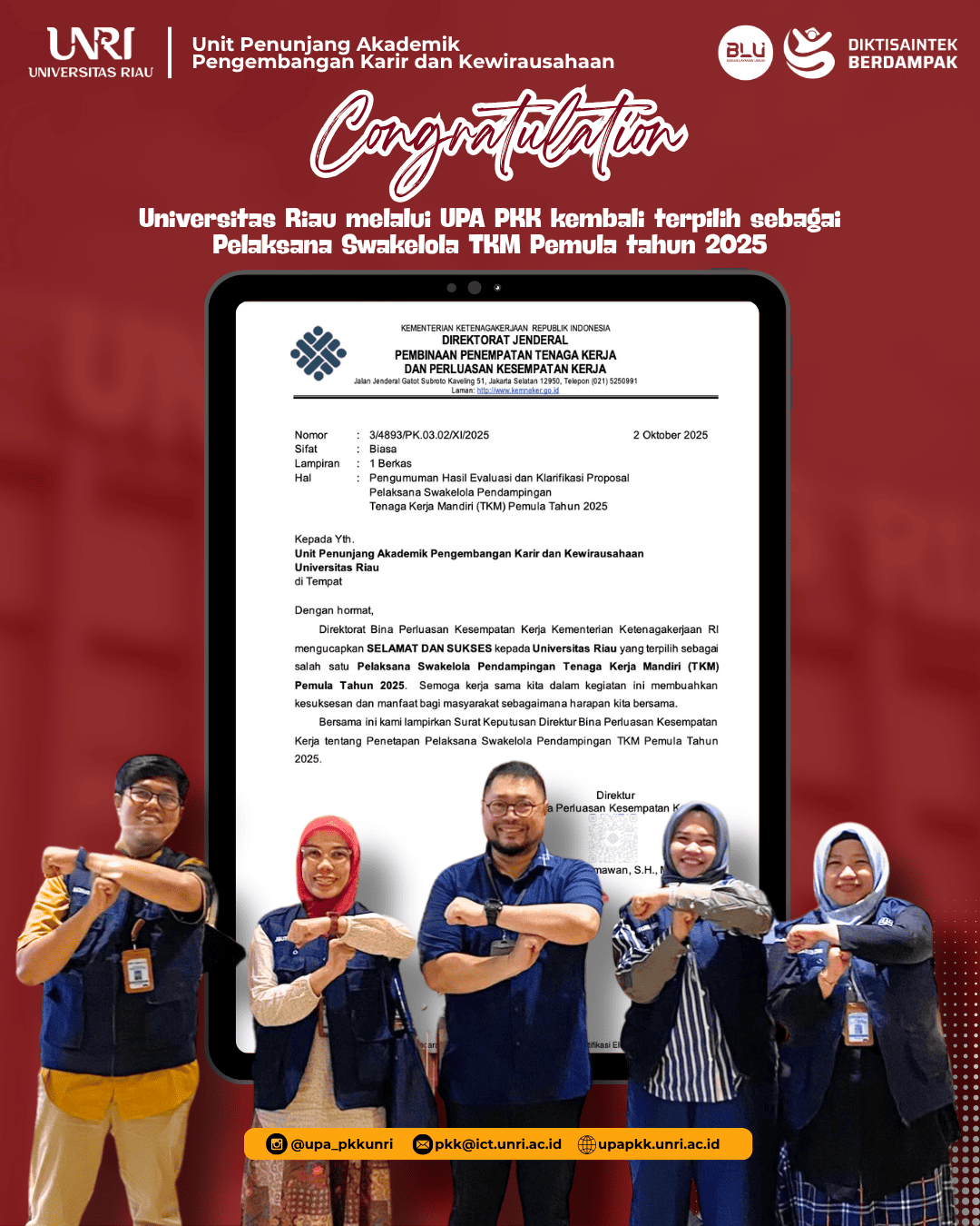 Universitas Riau Kembali Dipercaya Kemnaker RI sebagai Pelaksana Swakelola Program TKM Pemula Tahun 2025
