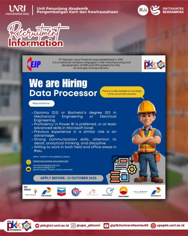 PT Espindo Jaya Pratama (EJP), perusahaan nasional yang bergerak di bidang manufaktur & pengembangan sistem ESP dan HPS untuk industri minyak & gas, membuka kesempatan berkarier