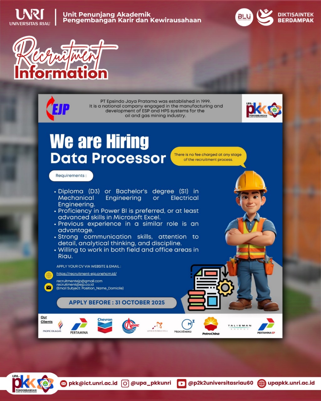 PT Espindo Jaya Pratama (EJP), a national company engaged in the manufacturing and development of ESP and HPS systems for the oil and gas industry, is offering career opportunities as