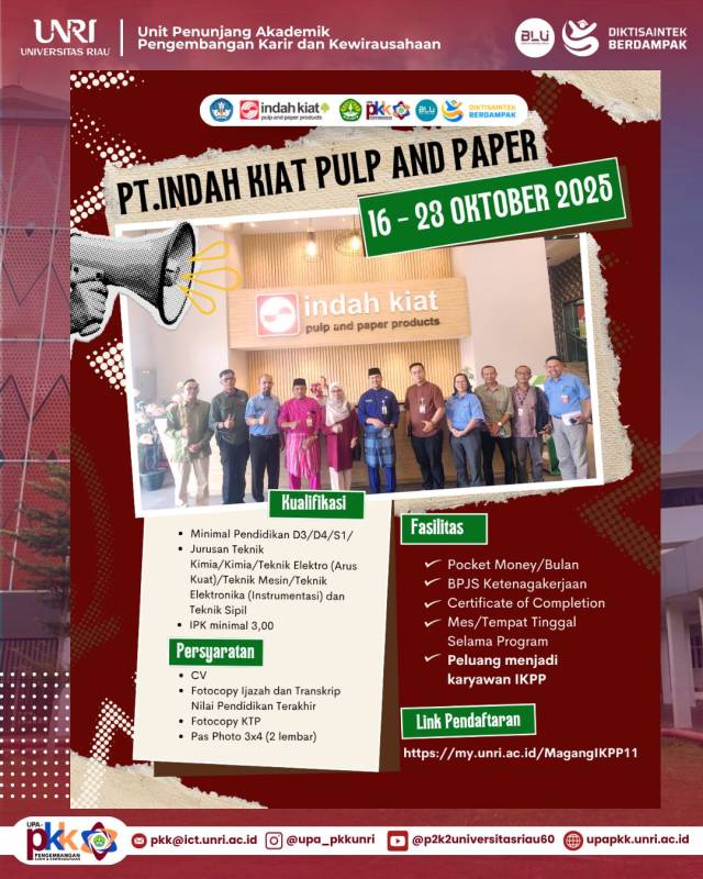 Lowongan Magang Kerja bagi Alumni Universitas Riau di Indah Kiat Pulp & Paper (IKPP) Perawang Mill