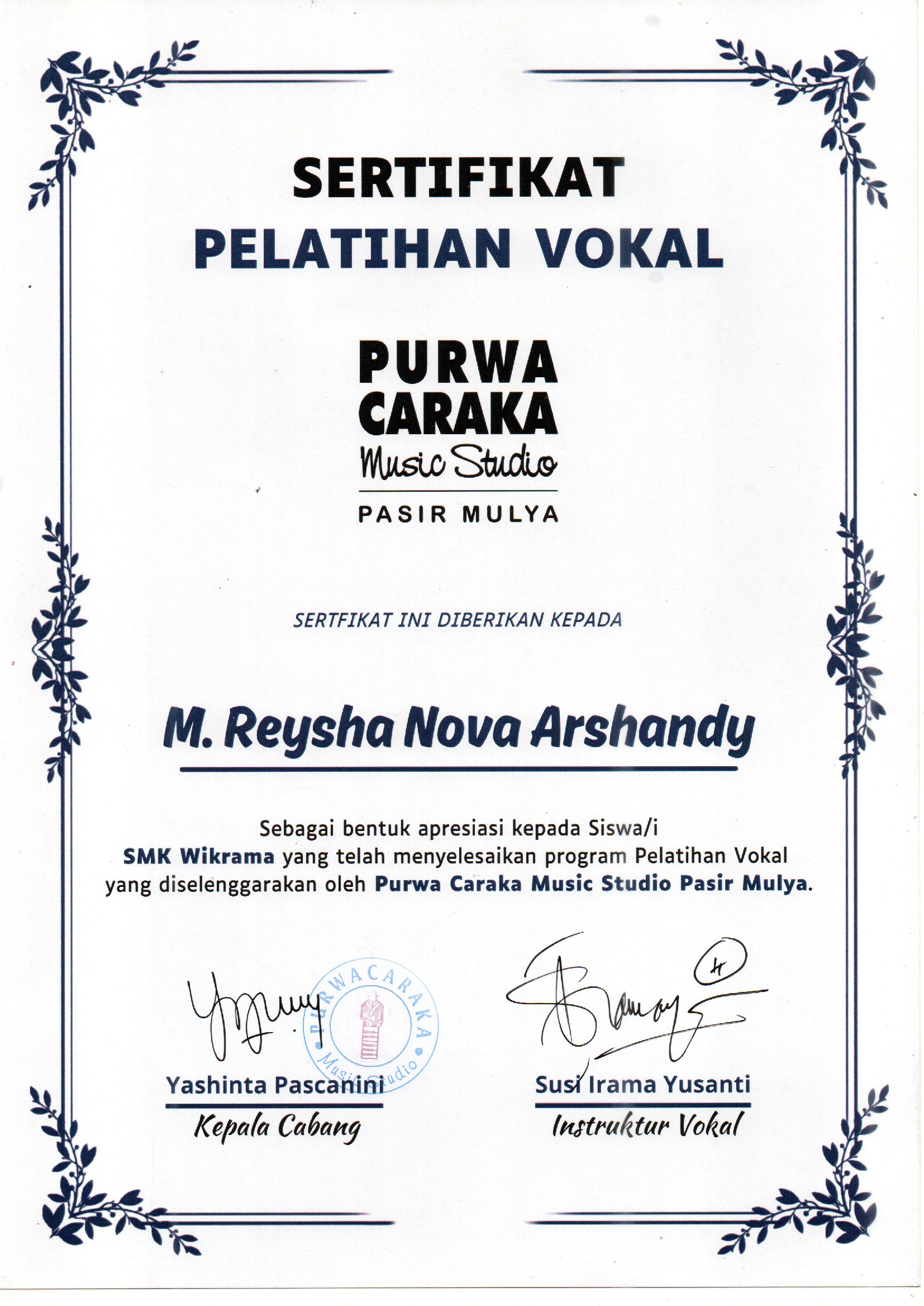 Sertifikar Pelatihan Vokal Purwacaraka
