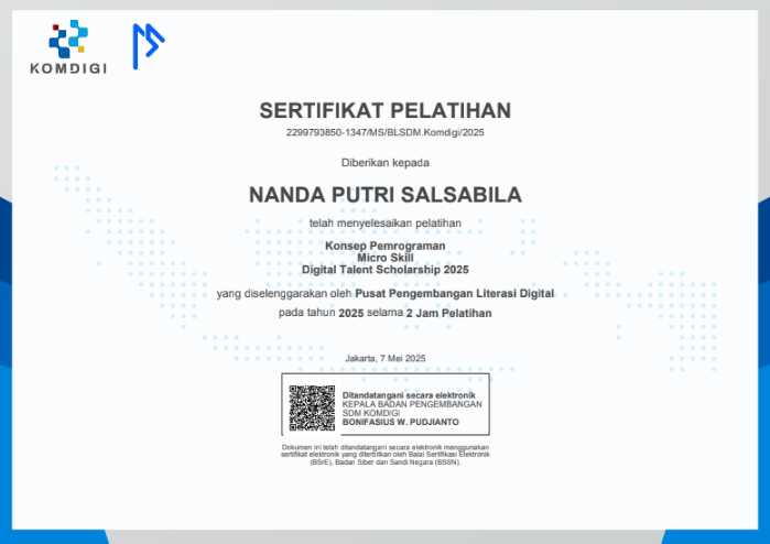 Sertifikat Pelatihan Konsep Pemograman Micro Skill Digital Talent Scholarship 2025