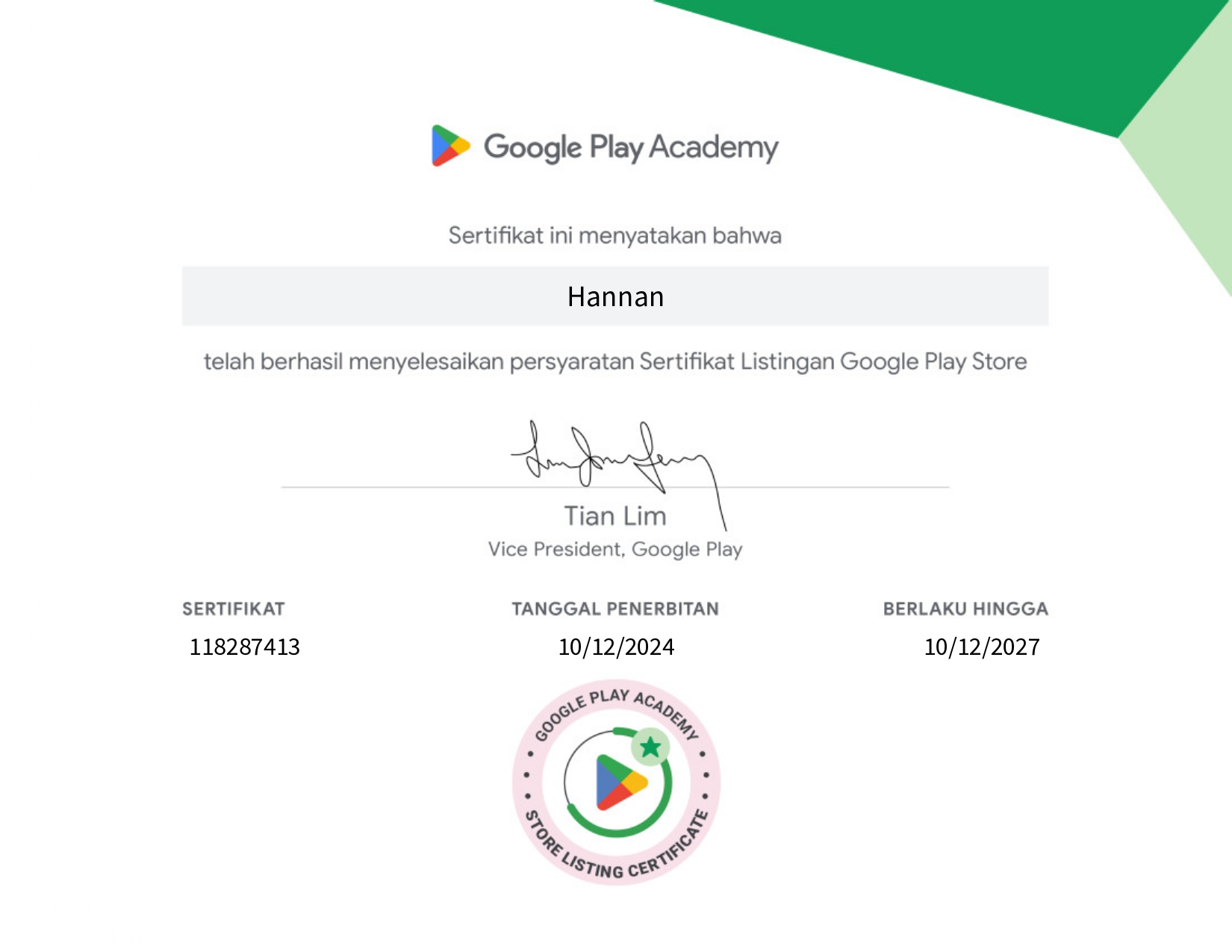 Certifacate Google Play Academy