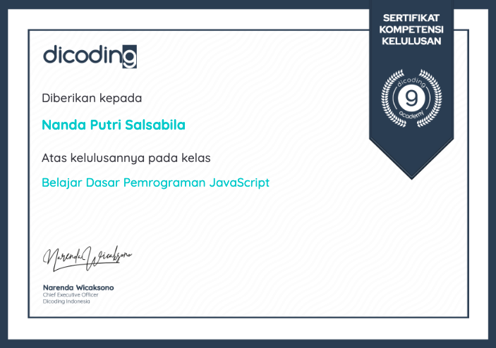 Sertifikat Pelatihan Konsep Dasar Pemograman Java script