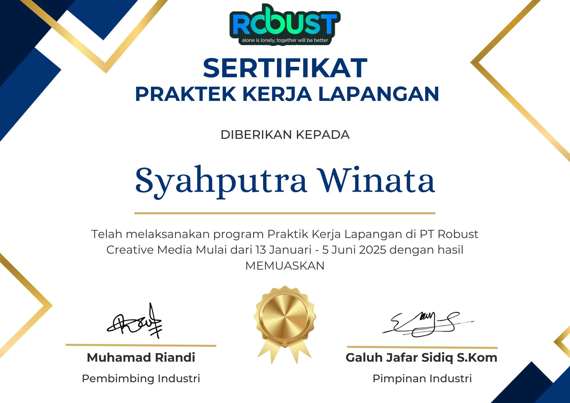 Sertifikat Praktek Kerja Lapangan – PT Robust Creative Media