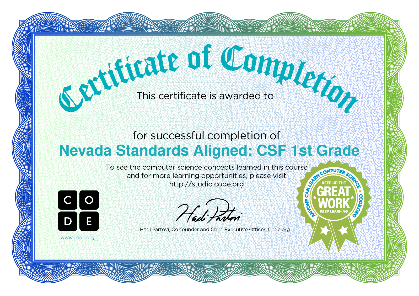 Sertifikat Nevada Standards Aligned (CSF 1st Grade)