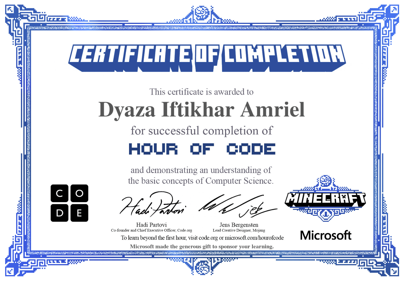 Sertifikat Hour Of Code (Minecraft)