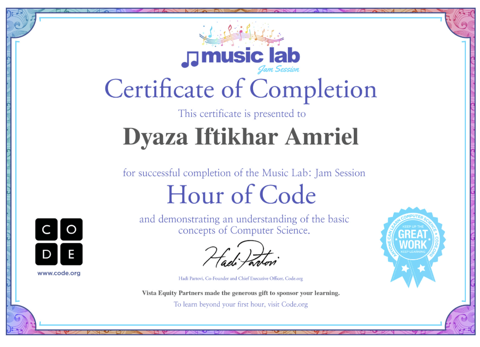 Sertifikat Hour Of Code (Music Lab)