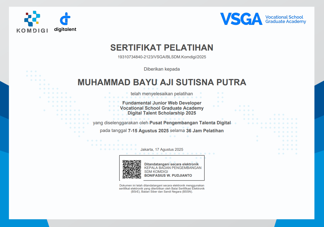 Fundamental Junior Web Developer Vocational School Graduate Academy Digital Talent Scholarship 2025