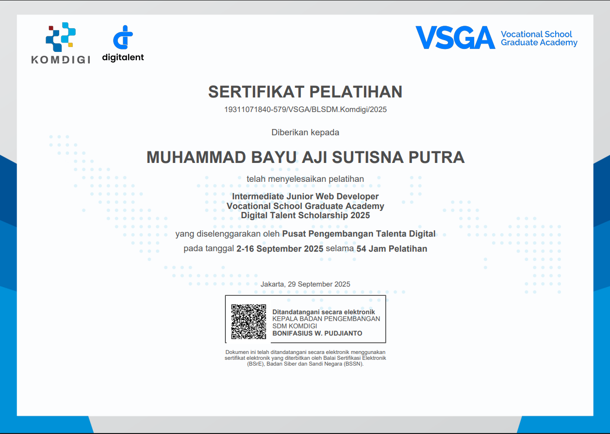 Intermediate Junior Web Developer Vocational School Graduate Academy Digital Talent Scholarship 2025