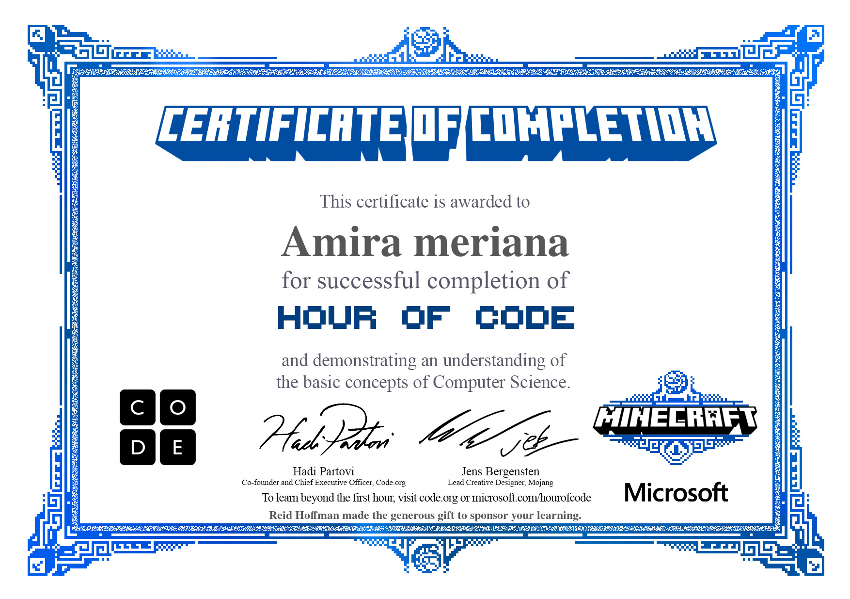 Sertifikat HOUR OF CODE minecraft code.org