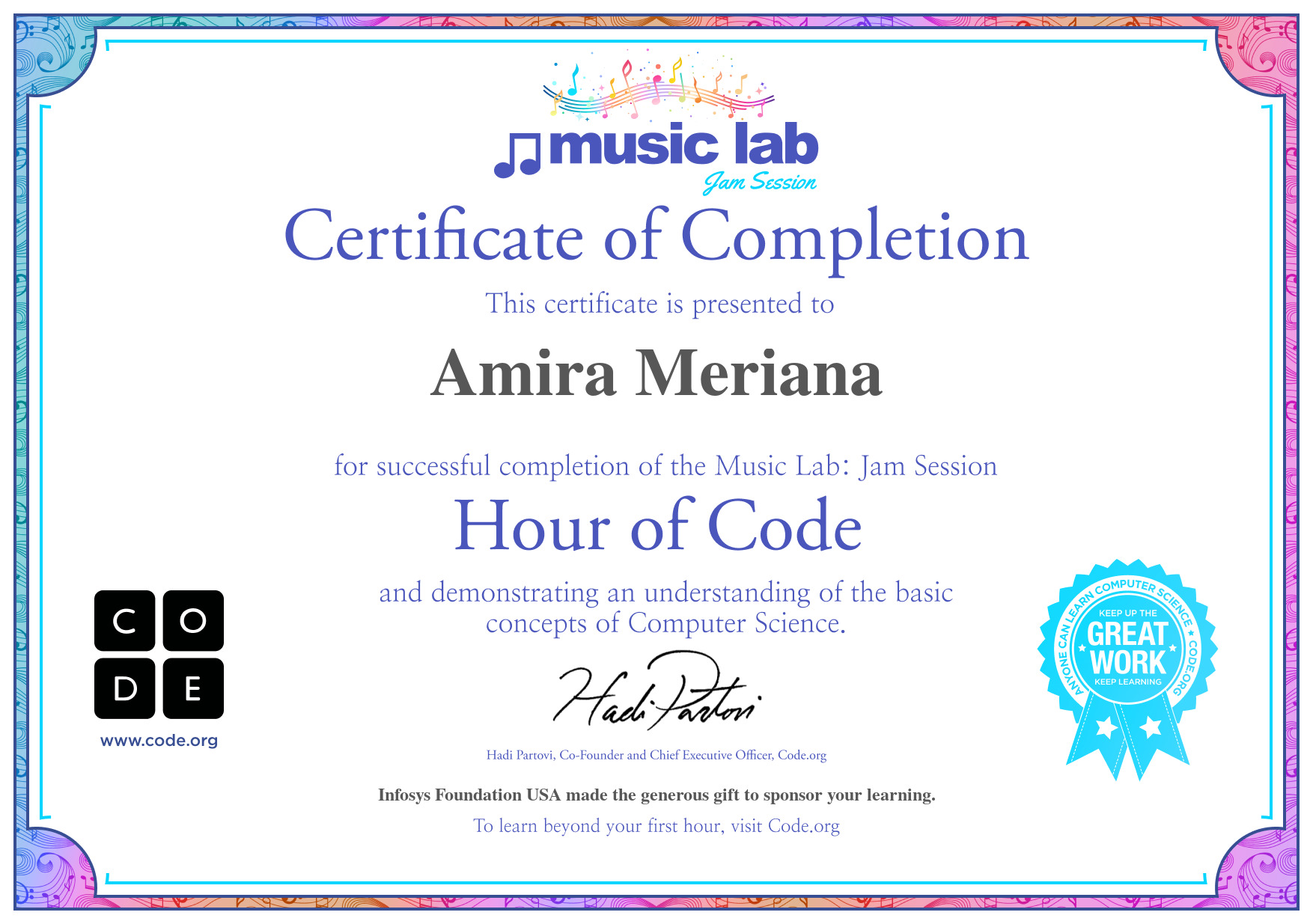 Sertifikat HOUR OF CODE Music Club code.org