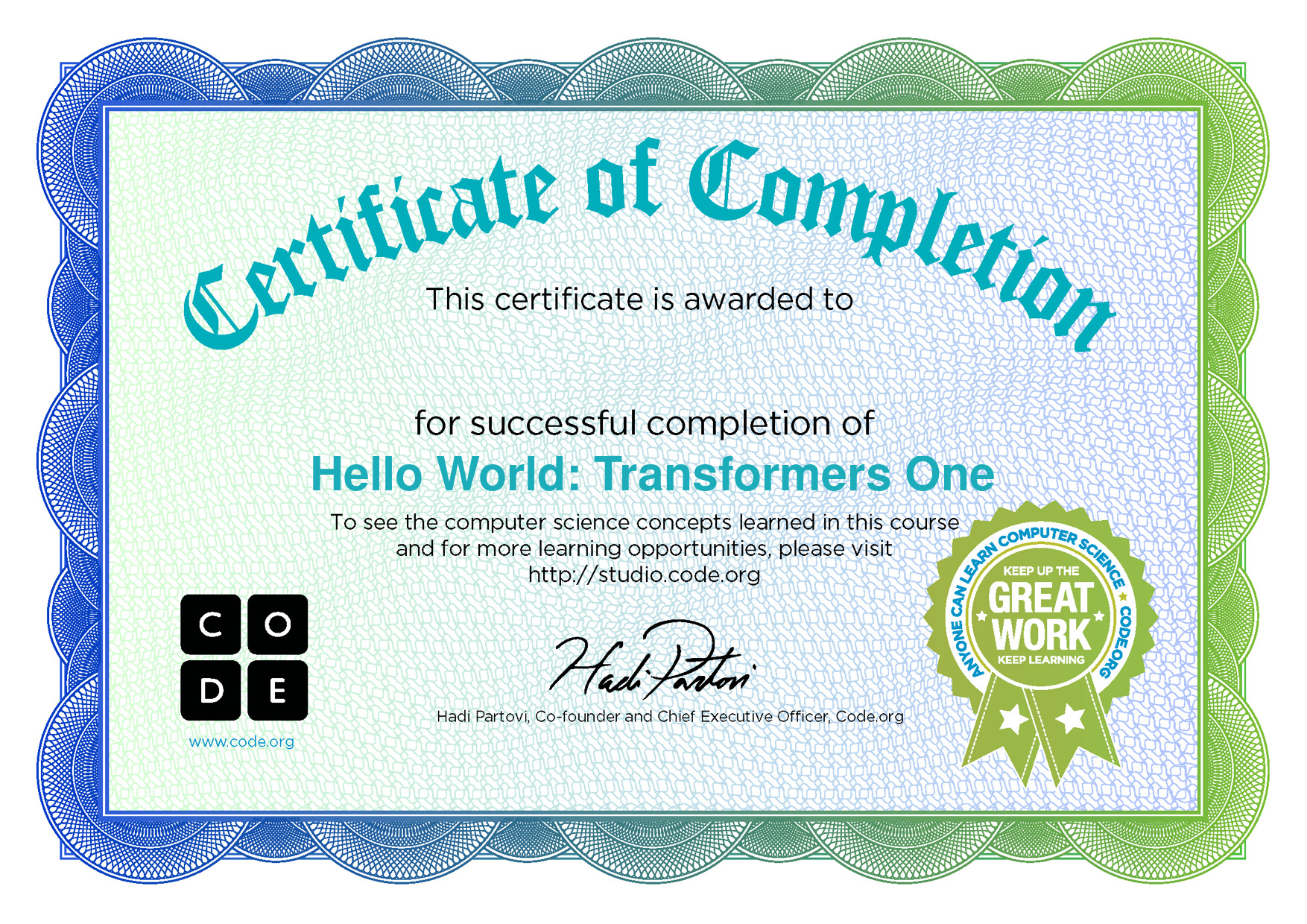 sertifikat code.org transformers one