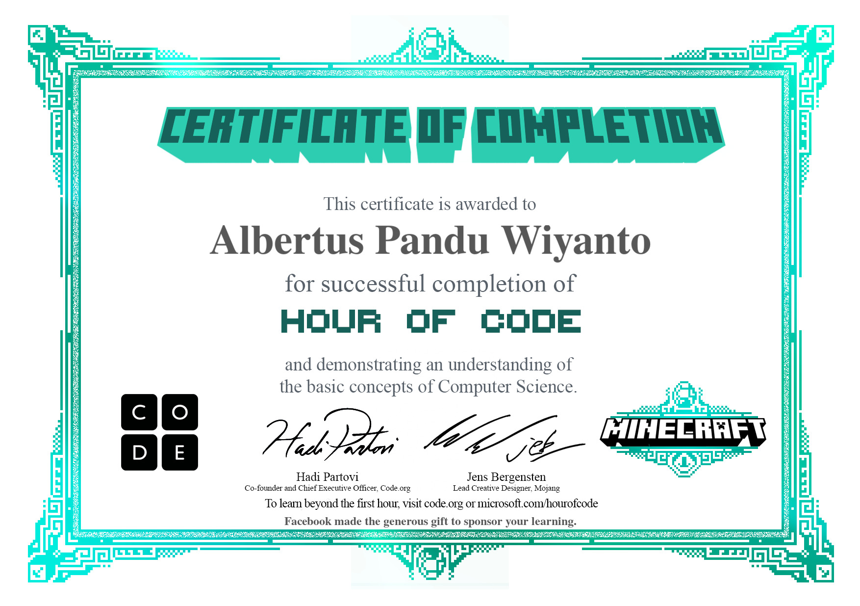 Certificate for Completion of Hour of Code Microsoft