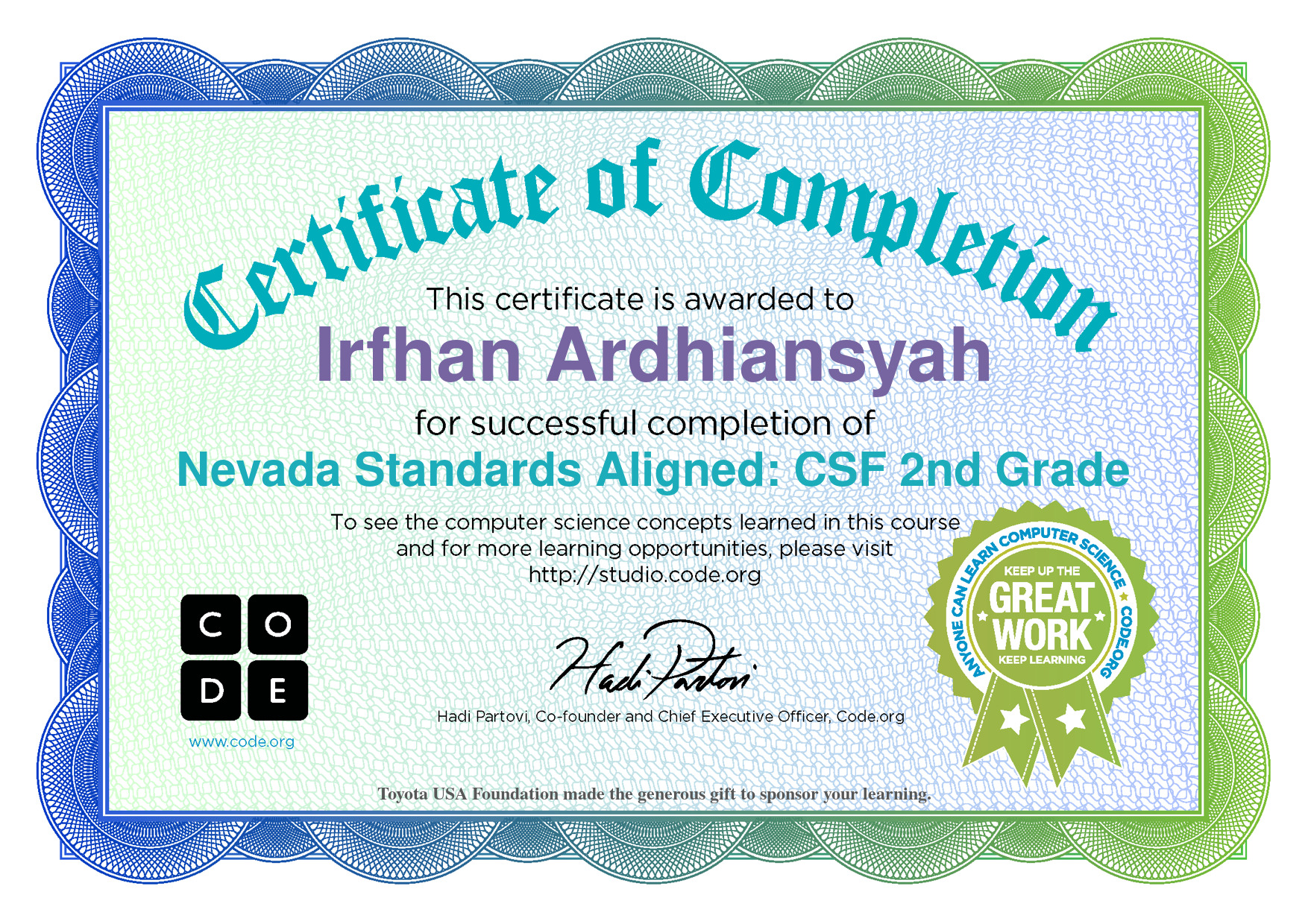Sertifikat Nevada Standars Aligned CSF 2nd Grade