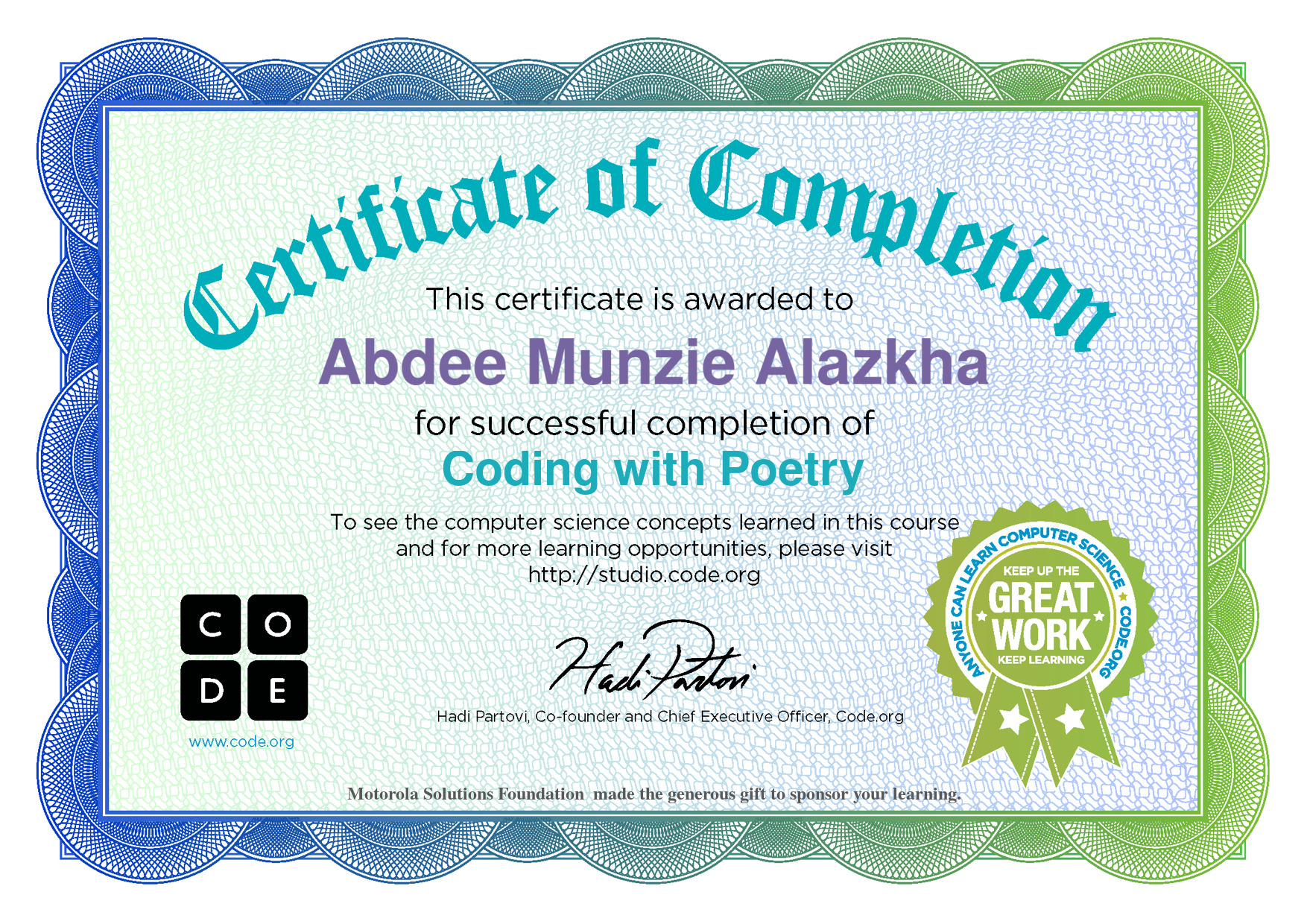 sertifikat code.org Coding with Poetry