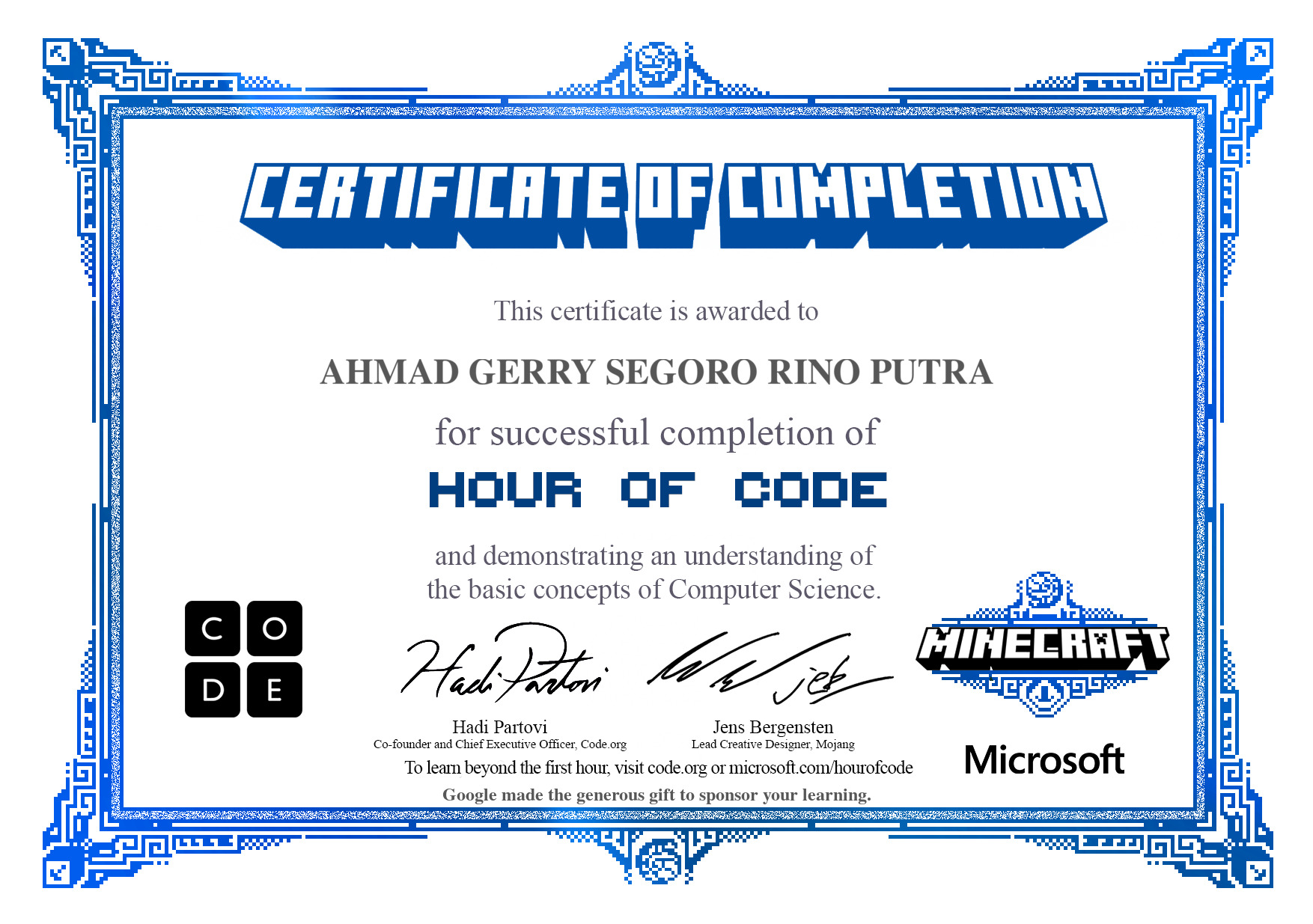 SERTIFIKAT MINECRAFT