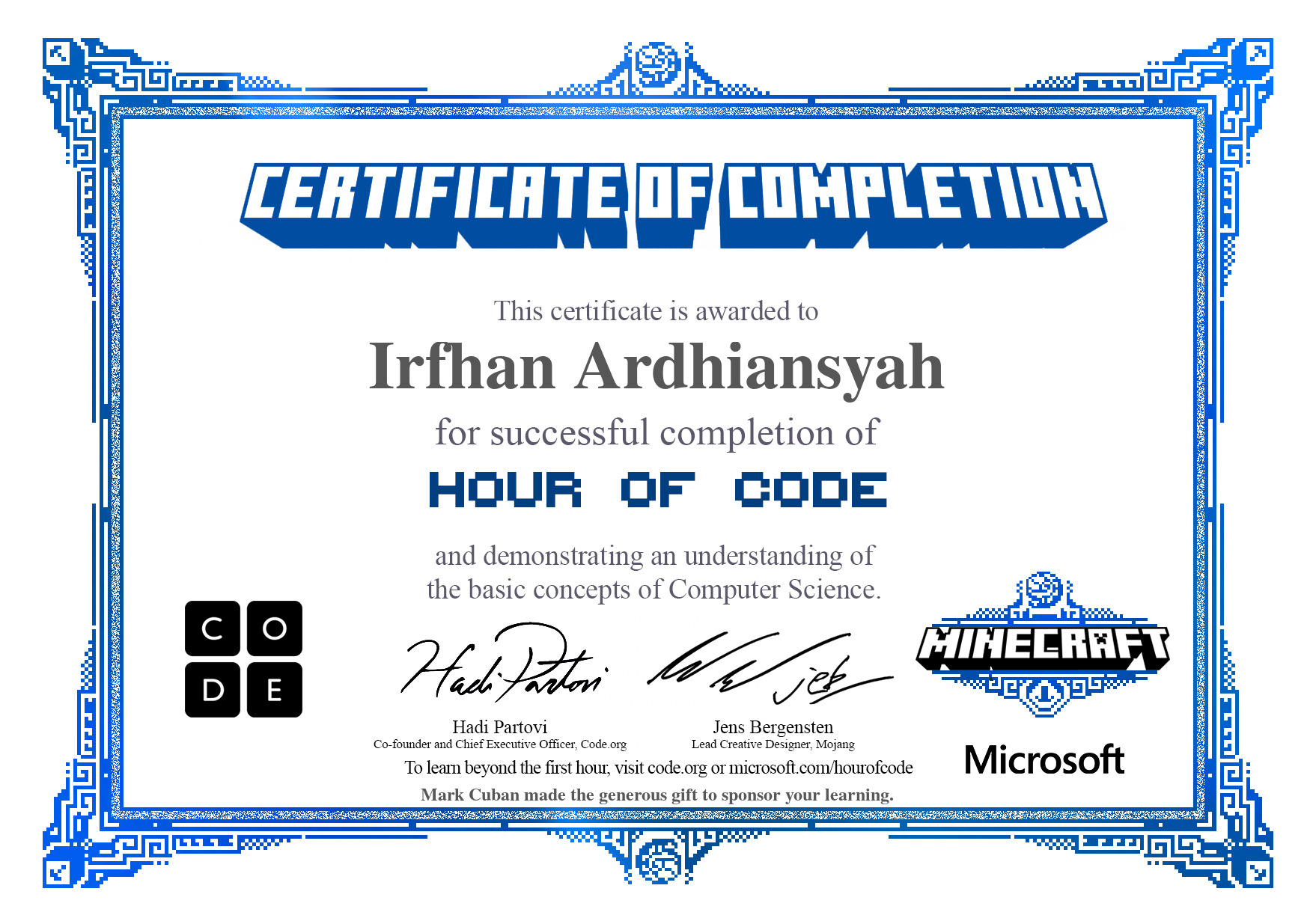 Sertifikat Hour OF Code Minecraft