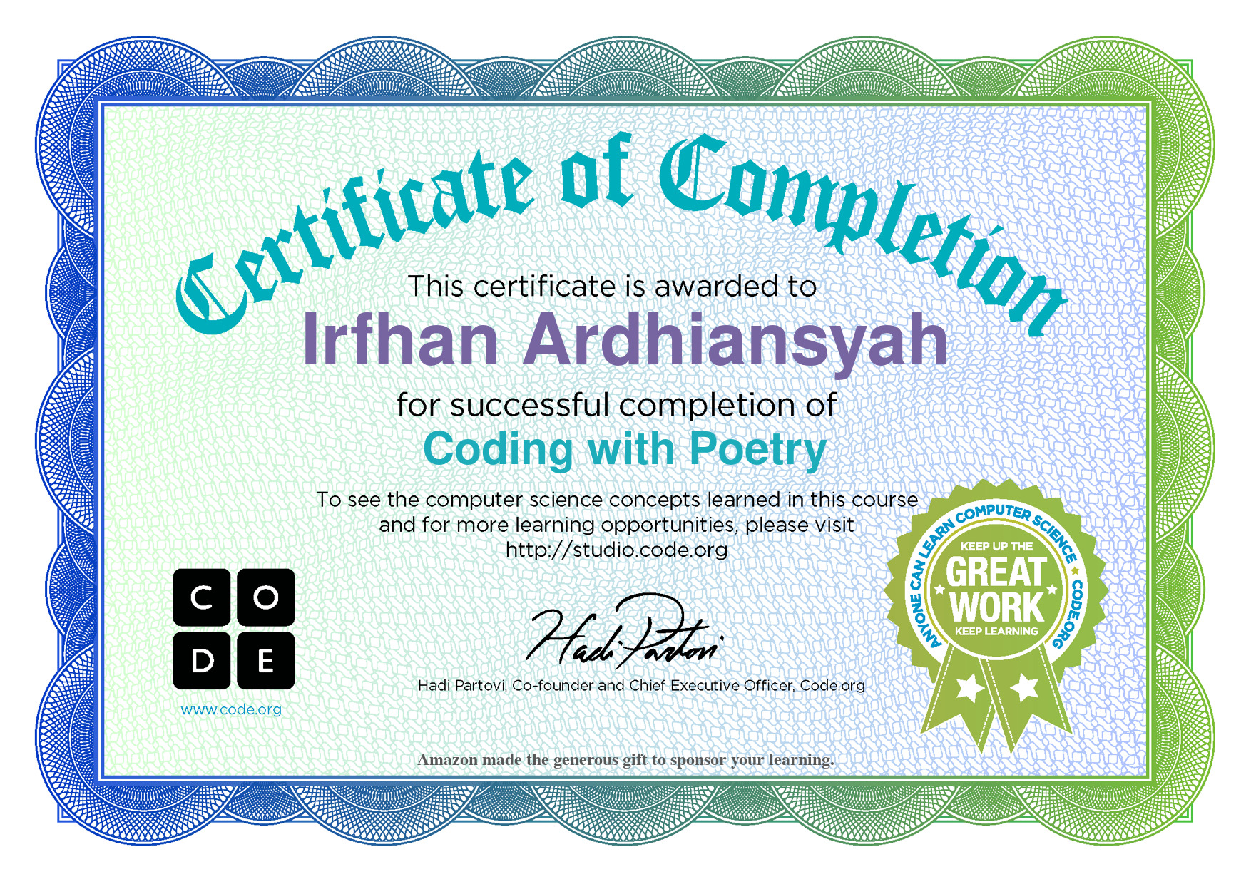 Sertifikat Code.org Coding With Poetry