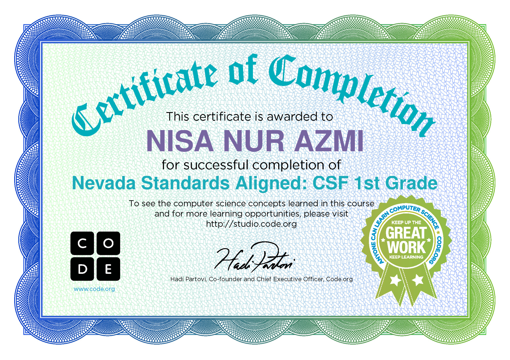 Certificate for completion of Nevada Standards Aligned_ CSF 1st Grade