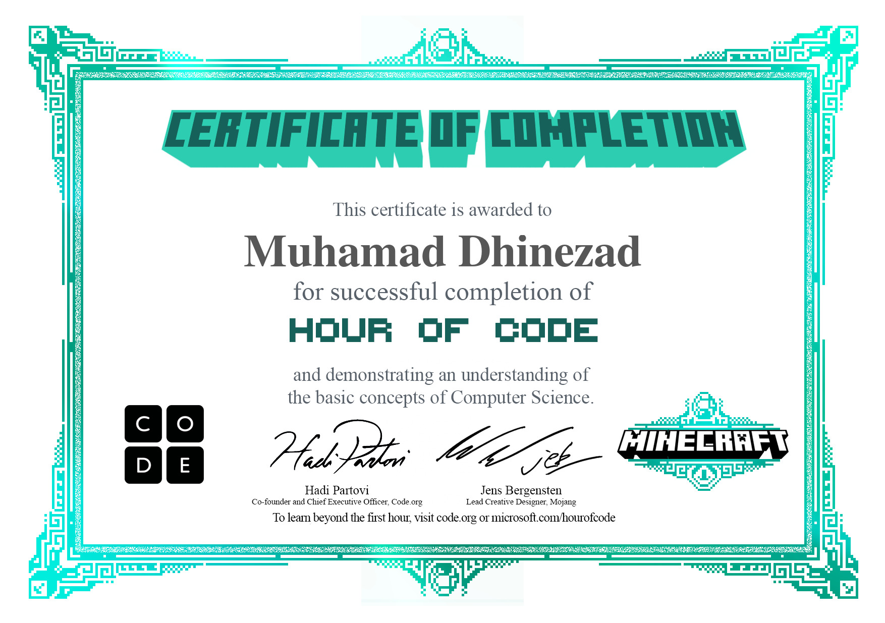 Sertifikat Code.org | Hour Of Code (Minecraft)