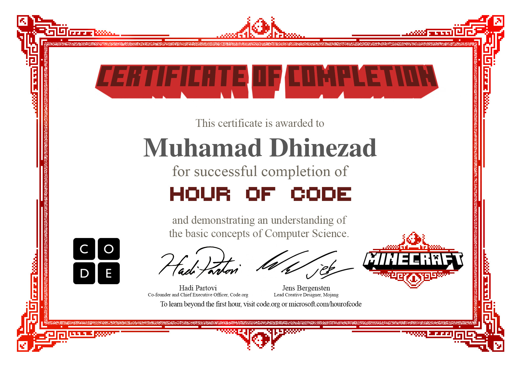 Sertifikat Code.org | Hour Of Code (Minecraft)