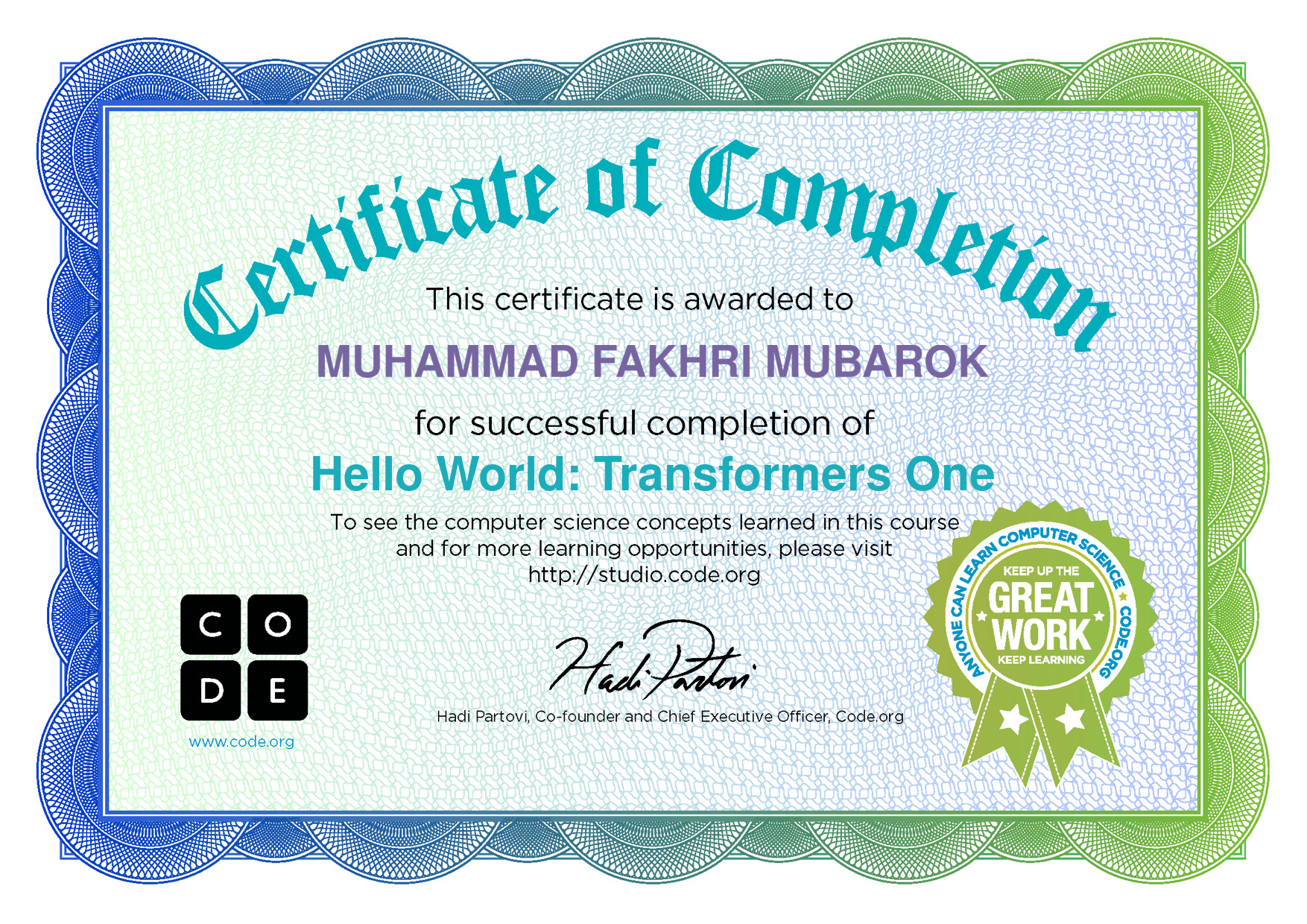 sertifikat code.org transformer one