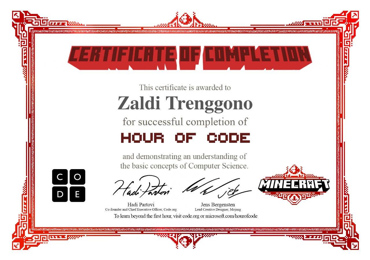 Certificate of Completion HOUR OF CODE REDSTONE