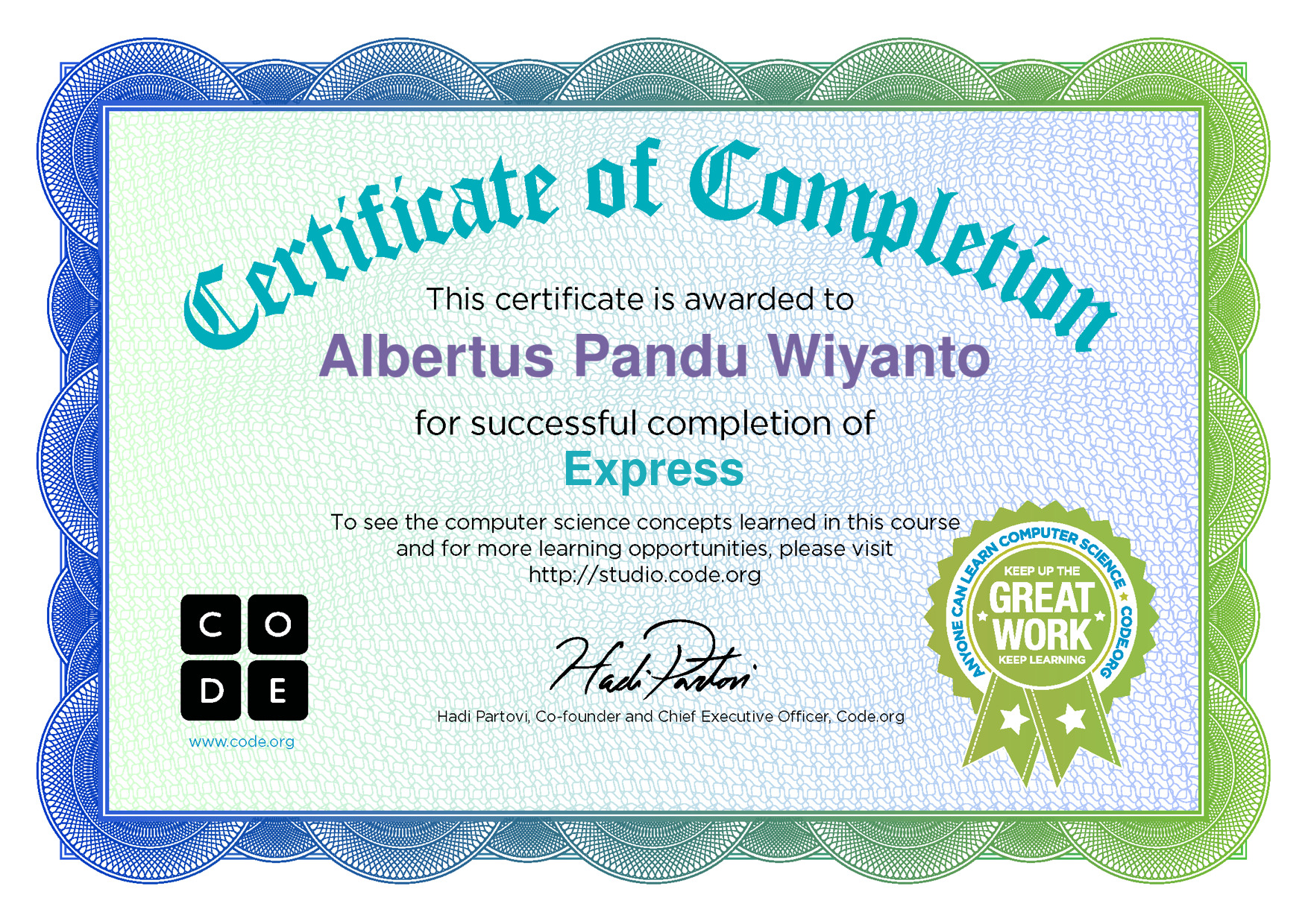 Certificate for completion of Express - Code.org