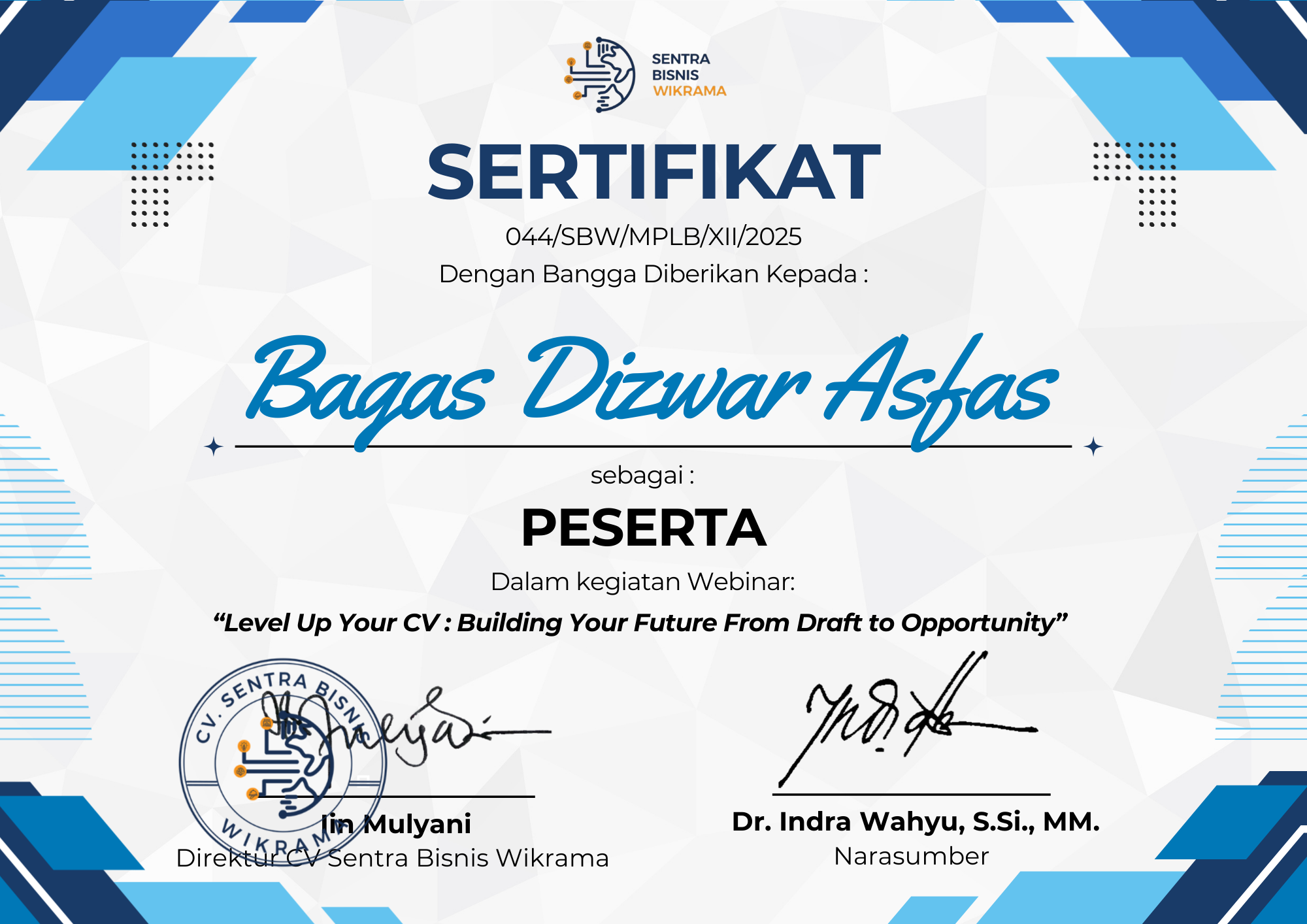 Sertifikat Webinar Level Up Your CV