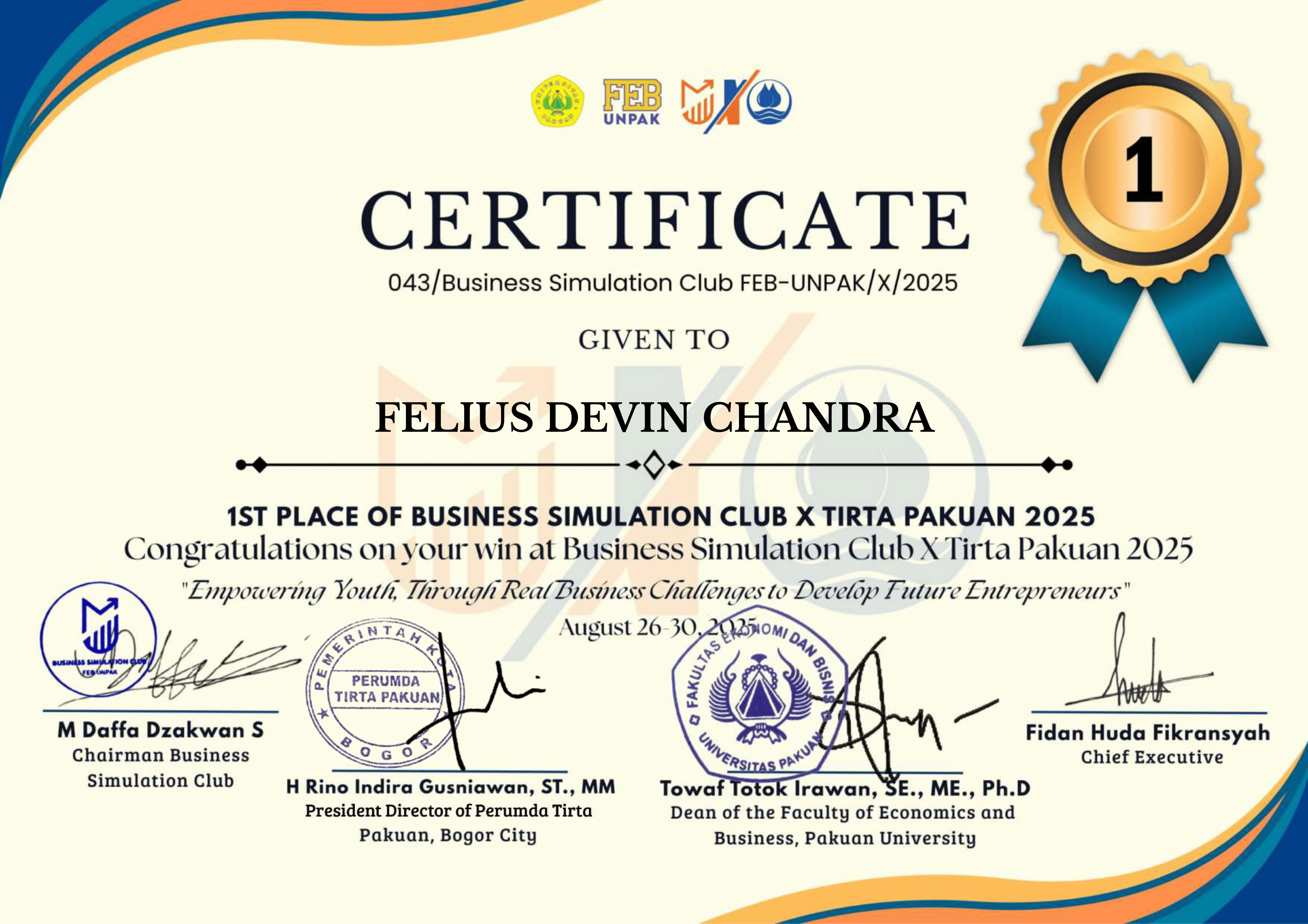 Sertifikat Bussines Simulation Club X Tirta Pakuan