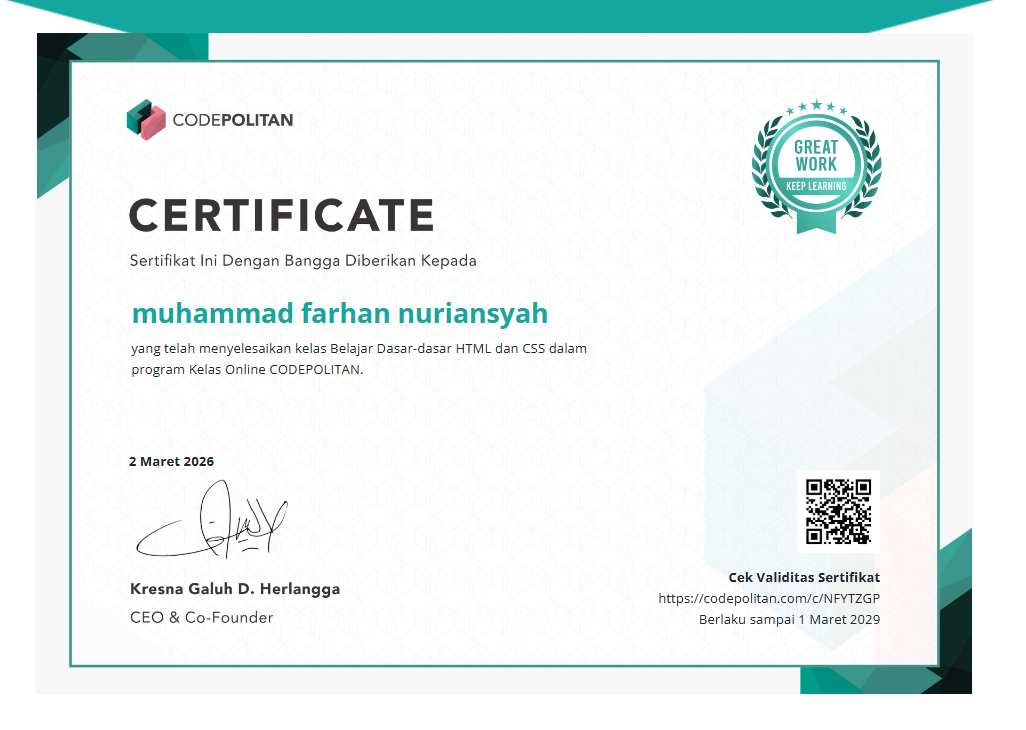 certifacate codepolitan HTML CSS