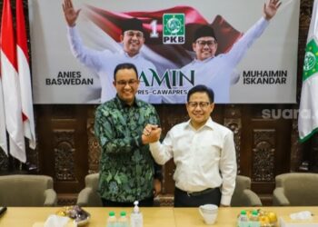 Anies Baswedan bersama Muhaimin Iskandar saat konferensi pers usai rapat di Kantor PKB, Cikini,Jakarta (int)