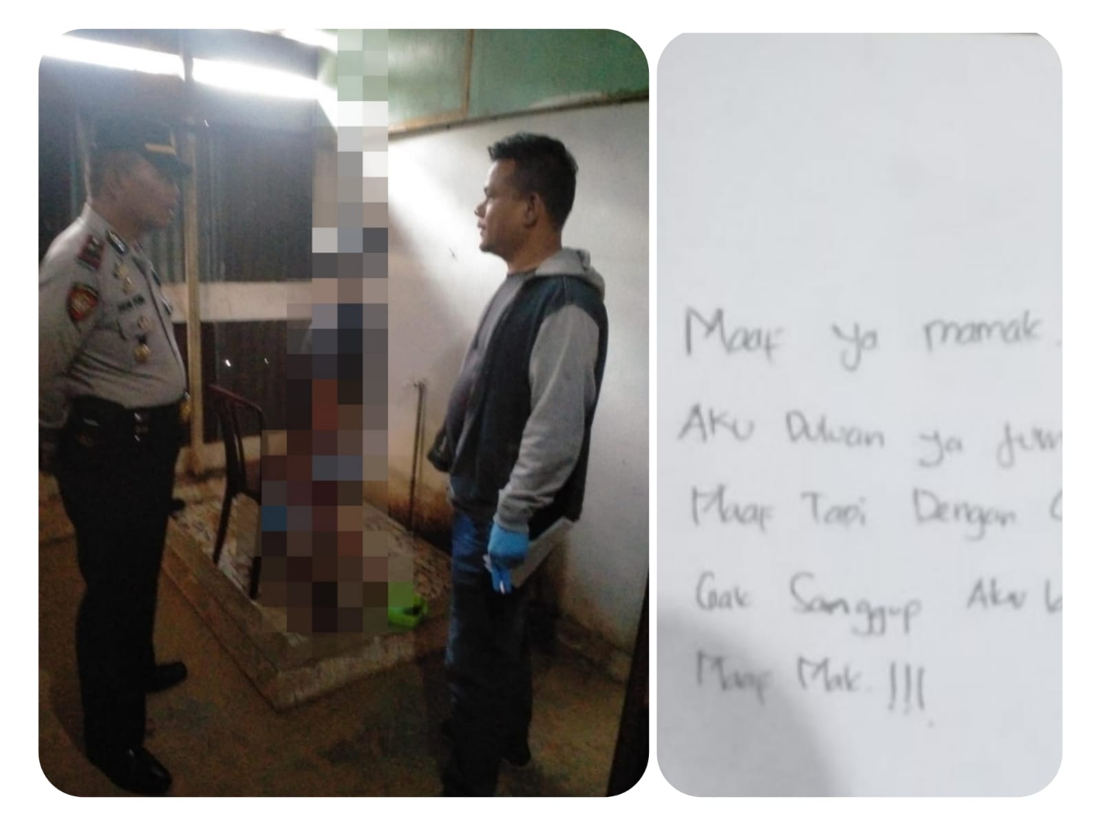 Jasad Korban saat dievakuasi (kiri) dan Surat Wasiat Korban (kanan)