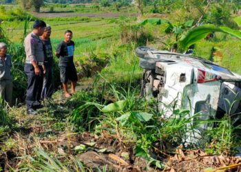 Mopen Trayek 01 Merek KBT Terbalik,  Sopir Dan 6 Pelajar SMK Mengalami Luka-Luka