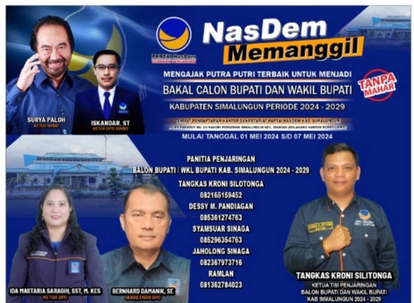 DPD Partai NasDem Kabupaten Simalungun Buka Pendaftaran Penjaringan Bakal Calon Bupati dan Wakil Bupati DPD Partai NasDem Kabupaten Simalungun Buka Pendaftaran Penjaringan Bakal Calon Bupati dan Wakil Bupati