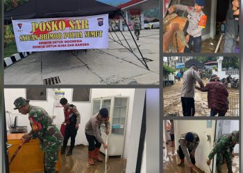 Satuan Brimob Polda Sumut Dirikan Dapur Lapangan dan Bersihkan Wilayah Parapat Pasca Banjir Bandang 