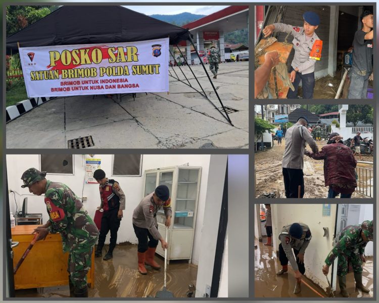 Satuan Brimob Polda Sumut Dirikan Dapur Lapangan dan Bersihkan Wilayah Parapat Pasca Banjir Bandang 