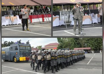Satuan Brimob Polda Sumut Ikuti Latihan Gabungan Penanganan Unjuk Rasa di Mapolda Sumut, Tingkatkan Kemampuan Teknis Dan Taktis