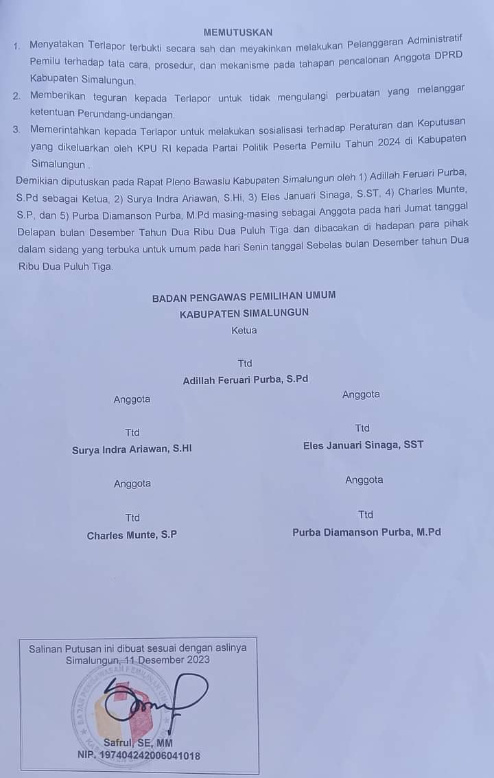 Salinan putusan Bawaslu Simalungun atas petitum pelapor