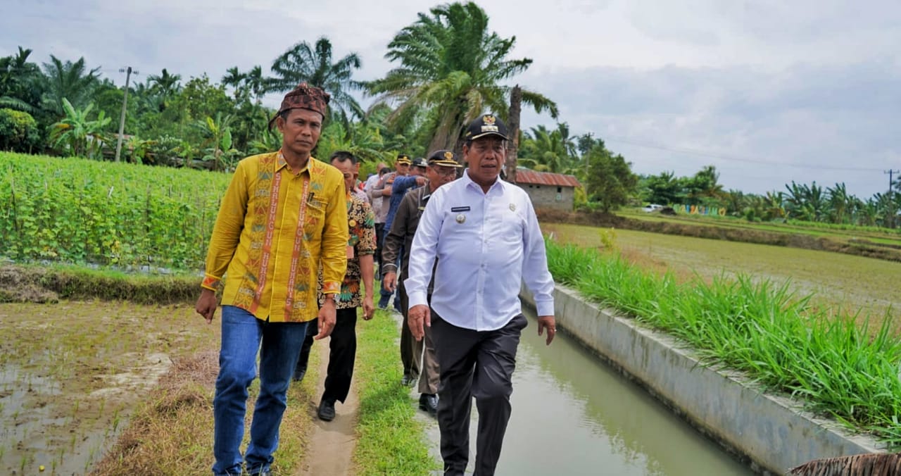Bupati Simalungun dan rombongan serta sejumlah masyarakat sekitar meninjau irigasi yang jadi permasalahan