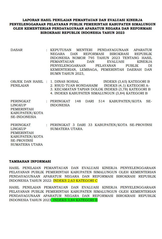Lembaran keterangan hasil penilaian dari Menpan-RB RI